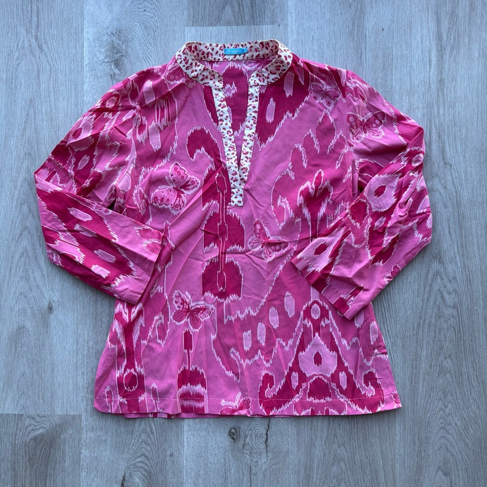J. McLaughlin Pink Butterfly Silk Cotton Blend Blouse with Leopard Collar